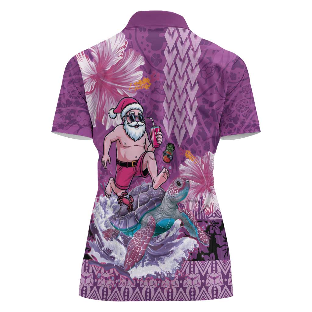 Hawaii Mele Kalikimaka Women Polo Shirt Funny Santa with Tribal Tattoos Kakau Purple Color - Polynesian Pride