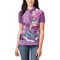 Hawaii Mele Kalikimaka Women Polo Shirt Funny Santa with Tribal Tattoos Kakau Purple Color - Polynesian Pride
