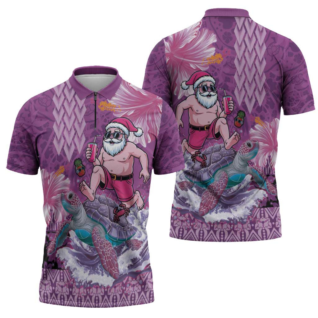 Hawaii Mele Kalikimaka Zipper Polo Shirt Funny Santa with Tribal Tattoos Kakau Purple Color - Polynesian Pride