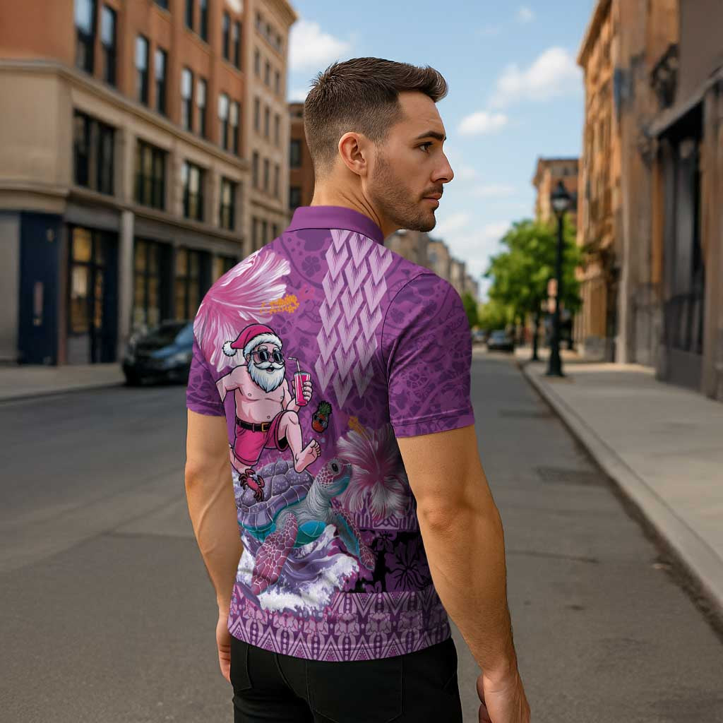 Hawaii Mele Kalikimaka Zipper Polo Shirt Funny Santa with Tribal Tattoos Kakau Purple Color - Polynesian Pride