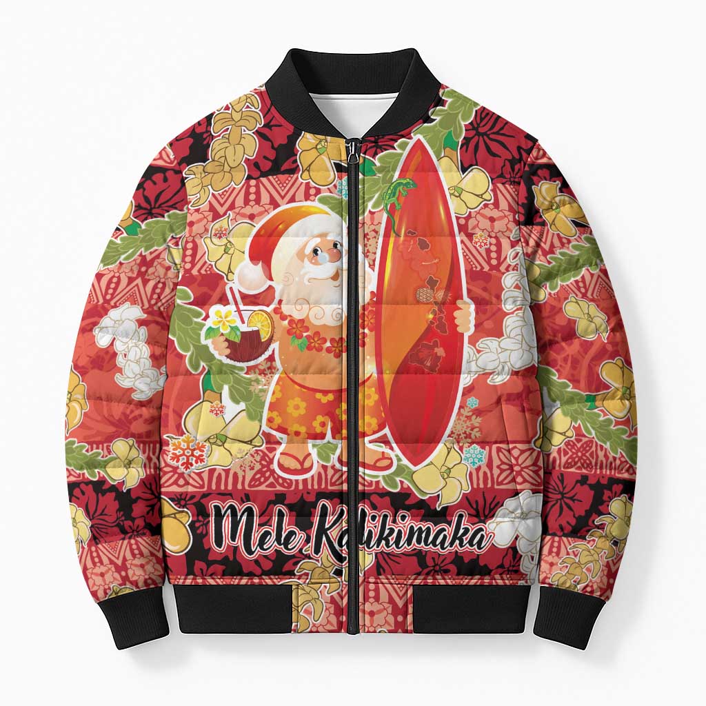Hawaii Santa Mele Kalikimaka Bomber Puffer Jacket Tropical Puakenikeni Lei with Polynesian Tribal Pattern - Polynesian Pride