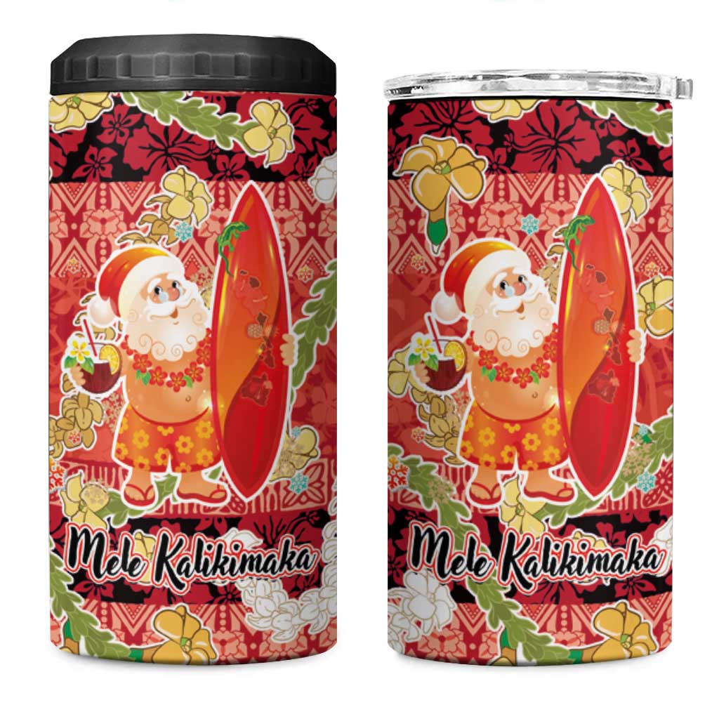 Hawaii Santa Mele Kalikimaka 4 in 1 Can Cooler Tumbler Tropical Puakenikeni Lei with Polynesian Tribal Pattern - Polynesian Pride
