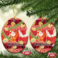 Hawaii Santa Mele Kalikimaka Ceramic Ornament Tropical Puakenikeni Lei with Polynesian Tribal Pattern LT03 Oval Red - Polynesian Pride