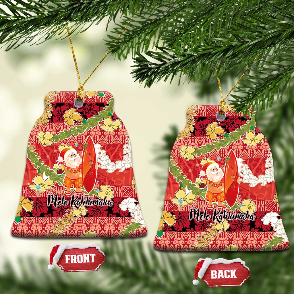 Hawaii Santa Mele Kalikimaka Ceramic Ornament Tropical Puakenikeni Lei with Polynesian Tribal Pattern LT03 Bell Flake Red - Polynesian Pride