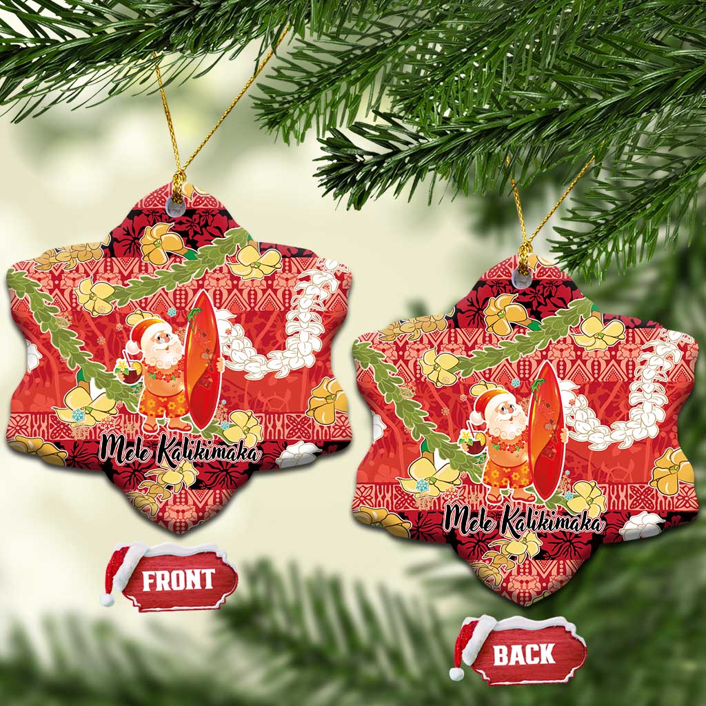 Hawaii Santa Mele Kalikimaka Ceramic Ornament Tropical Puakenikeni Lei with Polynesian Tribal Pattern LT03 Snow Flake Red - Polynesian Pride