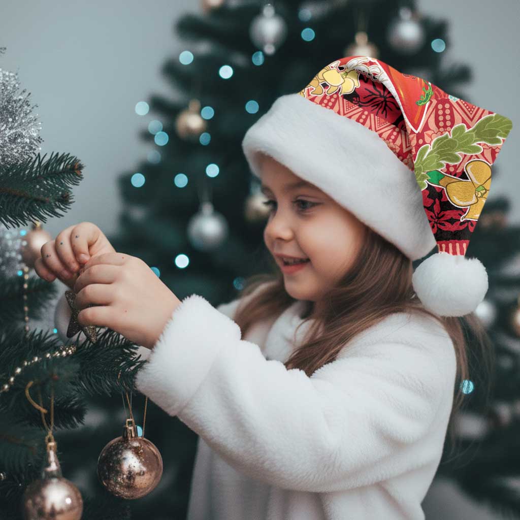 Hawaii Santa Mele Kalikimaka Christmas Santa Hat Tropical Puakenikeni Lei with Polynesian Tribal Pattern - Polynesian Pride