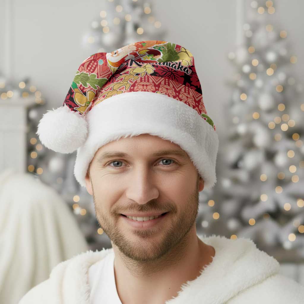 Hawaii Santa Mele Kalikimaka Christmas Santa Hat Tropical Puakenikeni Lei with Polynesian Tribal Pattern - Polynesian Pride