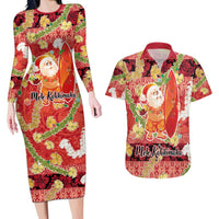 Hawaii Santa Mele Kalikimaka Couples Matching Long Sleeve Bodycon Dress and Hawaiian Shirt Tropical Puakenikeni Lei with Polynesian Tribal Pattern - Polynesian Pride