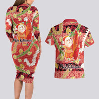 Hawaii Santa Mele Kalikimaka Couples Matching Long Sleeve Bodycon Dress and Hawaiian Shirt Tropical Puakenikeni Lei with Polynesian Tribal Pattern - Polynesian Pride