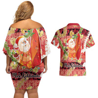 Hawaii Santa Mele Kalikimaka Couples Matching Off Shoulder Short Dress and Hawaiian Shirt Tropical Puakenikeni Lei with Polynesian Tribal Pattern - Polynesian Pride