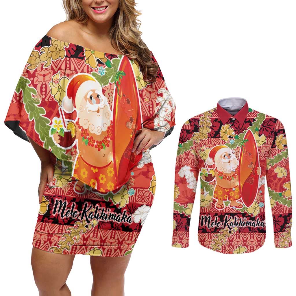 Hawaii Santa Mele Kalikimaka Couples Matching Off Shoulder Short Dress and Long Sleeve Button Shirt Tropical Puakenikeni Lei with Polynesian Tribal Pattern - Polynesian Pride