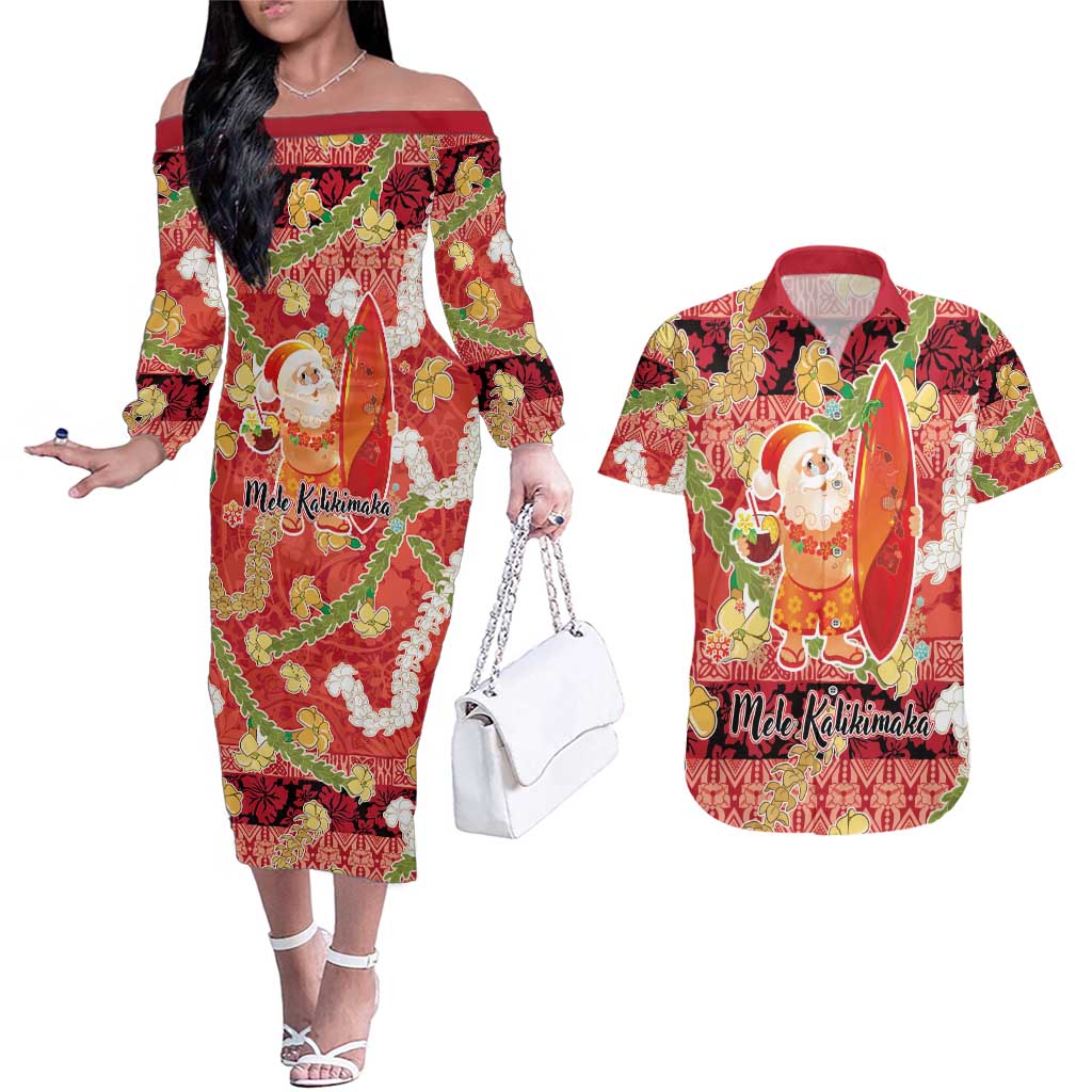Hawaii Santa Mele Kalikimaka Couples Matching Off The Shoulder Long Sleeve Dress and Hawaiian Shirt Tropical Puakenikeni Lei with Polynesian Tribal Pattern - Polynesian Pride