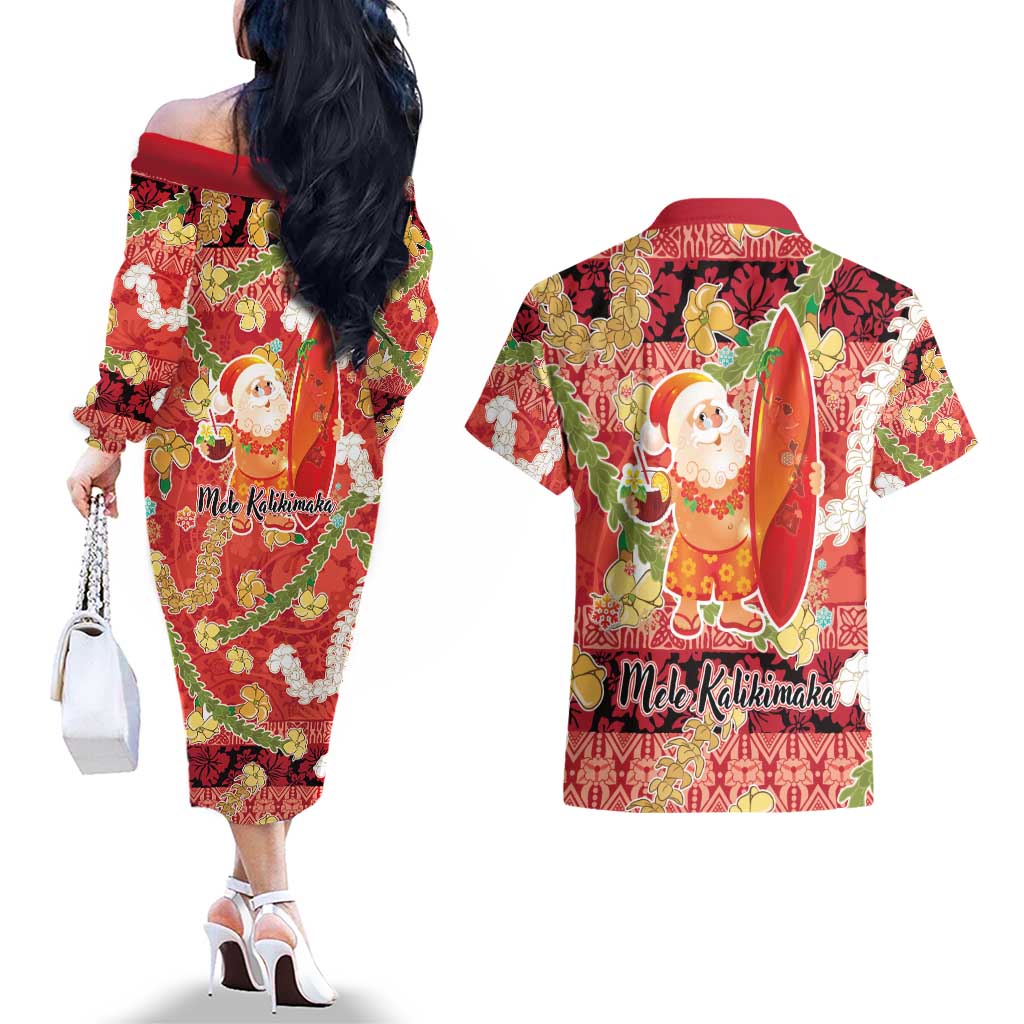 Hawaii Santa Mele Kalikimaka Couples Matching Off The Shoulder Long Sleeve Dress and Hawaiian Shirt Tropical Puakenikeni Lei with Polynesian Tribal Pattern - Polynesian Pride