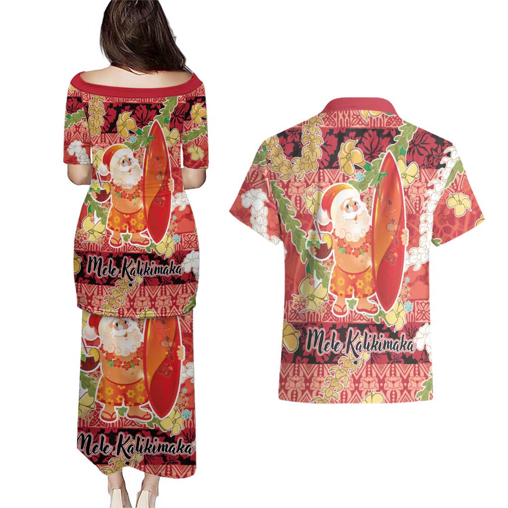 Hawaii Santa Mele Kalikimaka Couples Matching Puletasi and Hawaiian Shirt Tropical Puakenikeni Lei with Polynesian Tribal Pattern - Polynesian Pride
