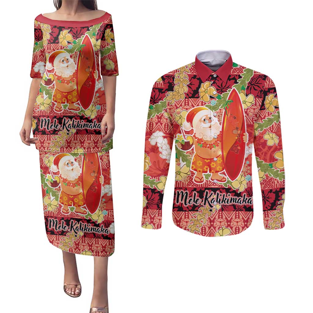 Hawaii Santa Mele Kalikimaka Couples Matching Puletasi and Long Sleeve Button Shirt Tropical Puakenikeni Lei with Polynesian Tribal Pattern - Polynesian Pride