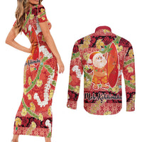 Hawaii Santa Mele Kalikimaka Couples Matching Short Sleeve Bodycon Dress and Long Sleeve Button Shirt Tropical Puakenikeni Lei with Polynesian Tribal Pattern - Polynesian Pride