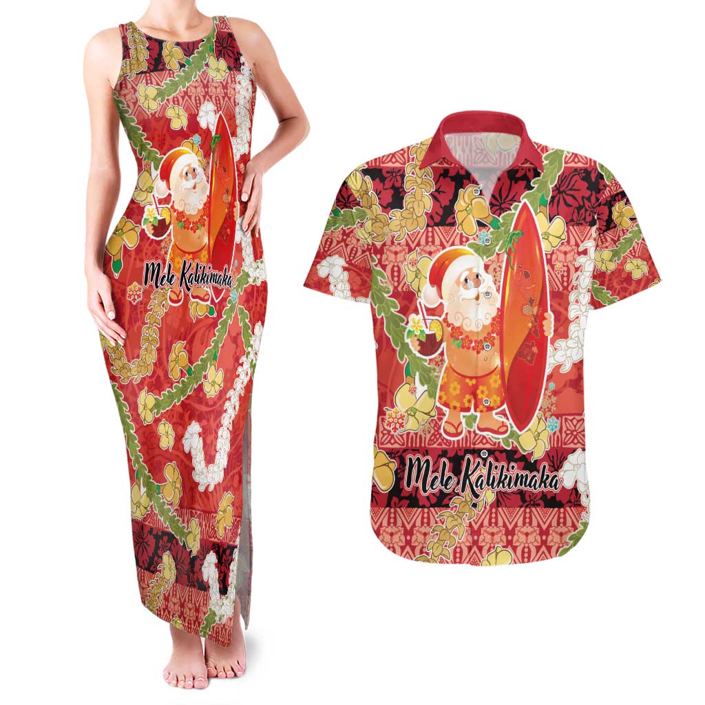 Hawaii Santa Mele Kalikimaka Couples Matching Tank Maxi Dress and Hawaiian Shirt Tropical Puakenikeni Lei with Polynesian Tribal Pattern - Polynesian Pride