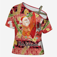 Hawaii Santa Mele Kalikimaka Cross Shoulder Shirt Tropical Puakenikeni Lei with Polynesian Tribal Pattern - Polynesian Pride