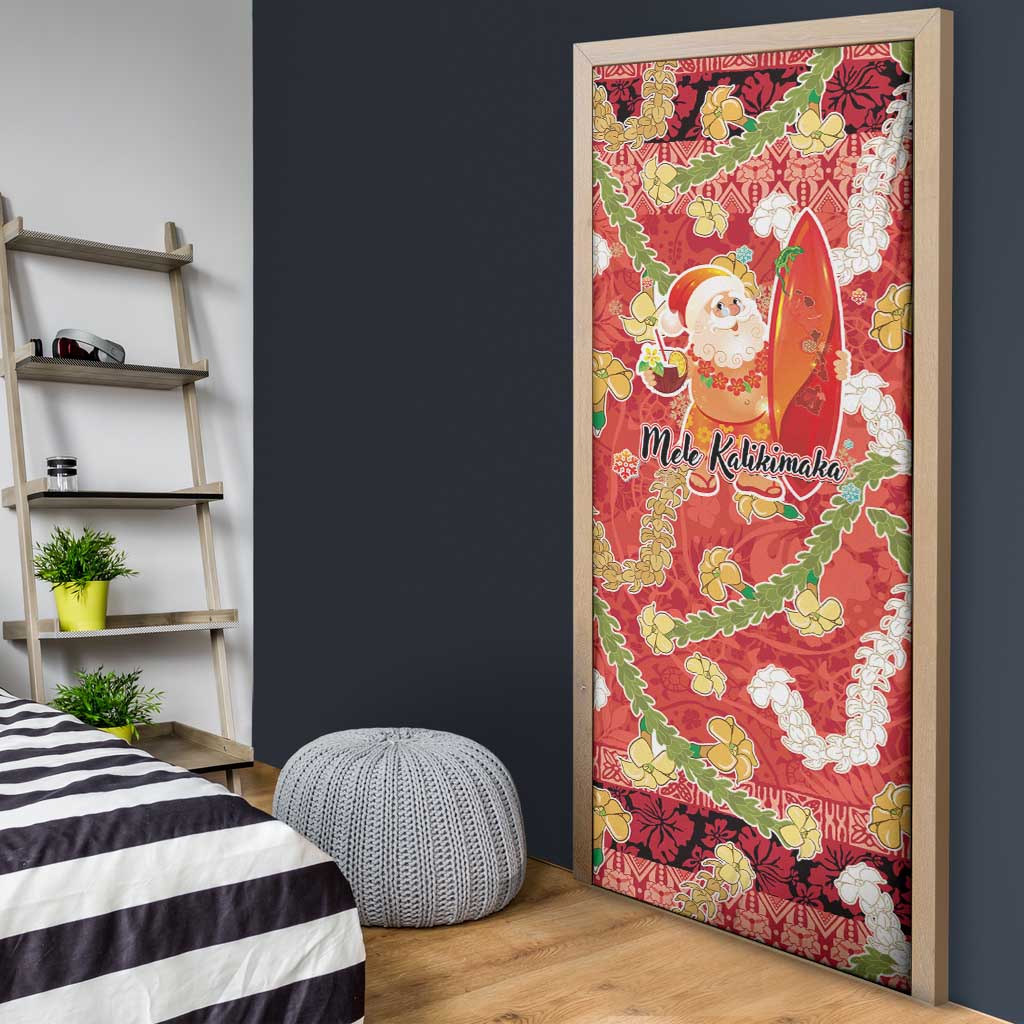 Hawaii Santa Mele Kalikimaka Door Cover Tropical Puakenikeni Lei with Polynesian Tribal Pattern - Polynesian Pride