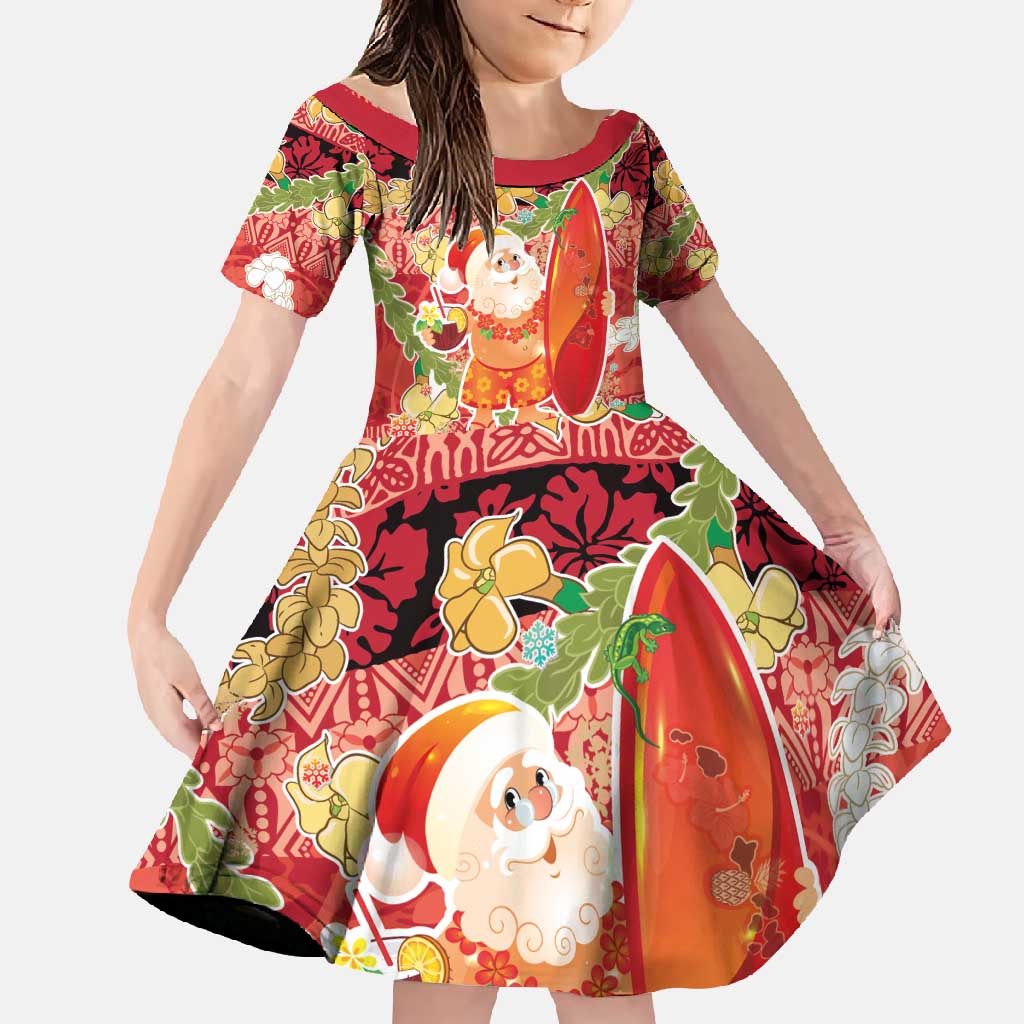 Hawaii Santa Mele Kalikimaka Family Matching Long Sleeve Bodycon Dress and Hawaiian Shirt Tropical Puakenikeni Lei with Polynesian Tribal Pattern - Polynesian Pride