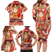 Hawaii Santa Mele Kalikimaka Family Matching Long Sleeve Bodycon Dress and Hawaiian Shirt Tropical Puakenikeni Lei with Polynesian Tribal Pattern - Polynesian Pride