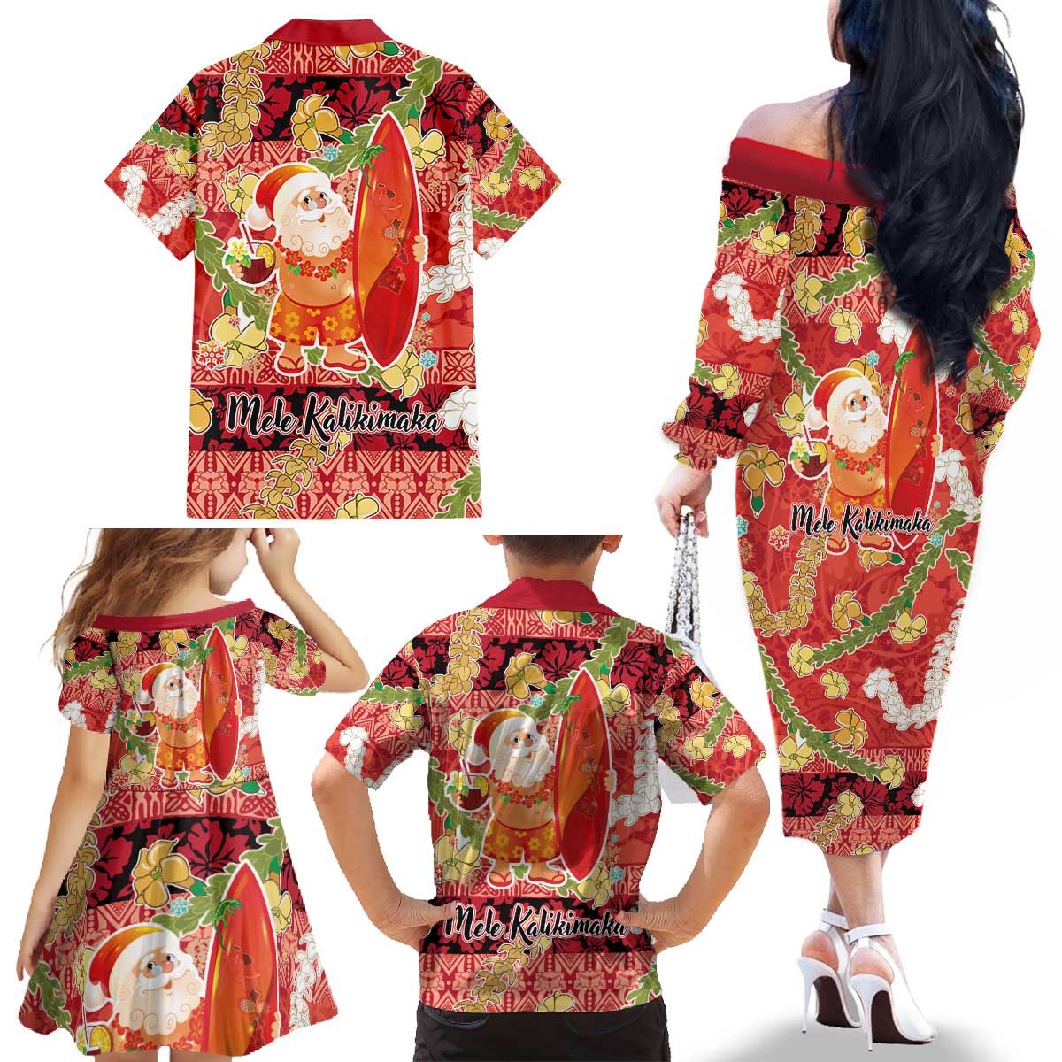 Hawaii Santa Mele Kalikimaka Family Matching Off The Shoulder Long Sleeve Dress and Hawaiian Shirt Tropical Puakenikeni Lei with Polynesian Tribal Pattern - Polynesian Pride