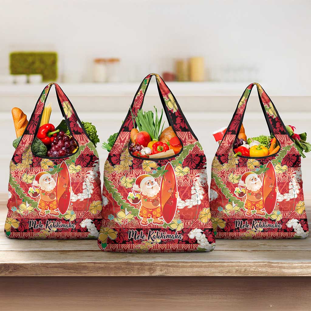 Hawaii Santa Mele Kalikimaka Grocery Bag Tropical Puakenikeni Lei with Polynesian Tribal Pattern - Polynesian Pride