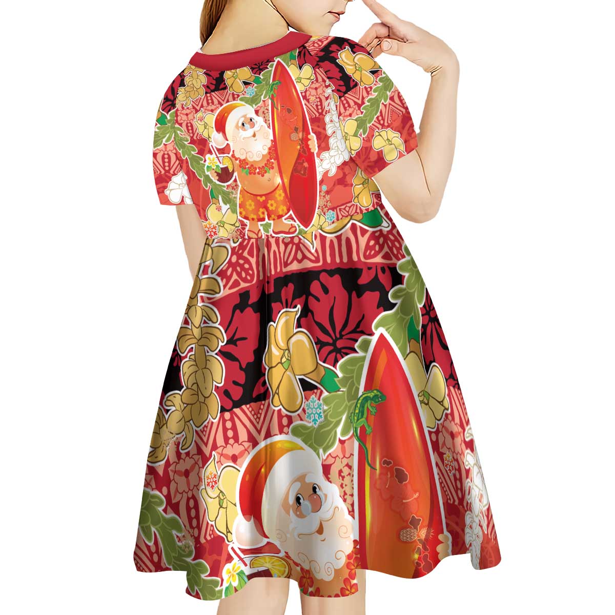 Hawaii Santa Mele Kalikimaka Kid Short Sleeve Dress Tropical Puakenikeni Lei with Polynesian Tribal Pattern - Polynesian Pride