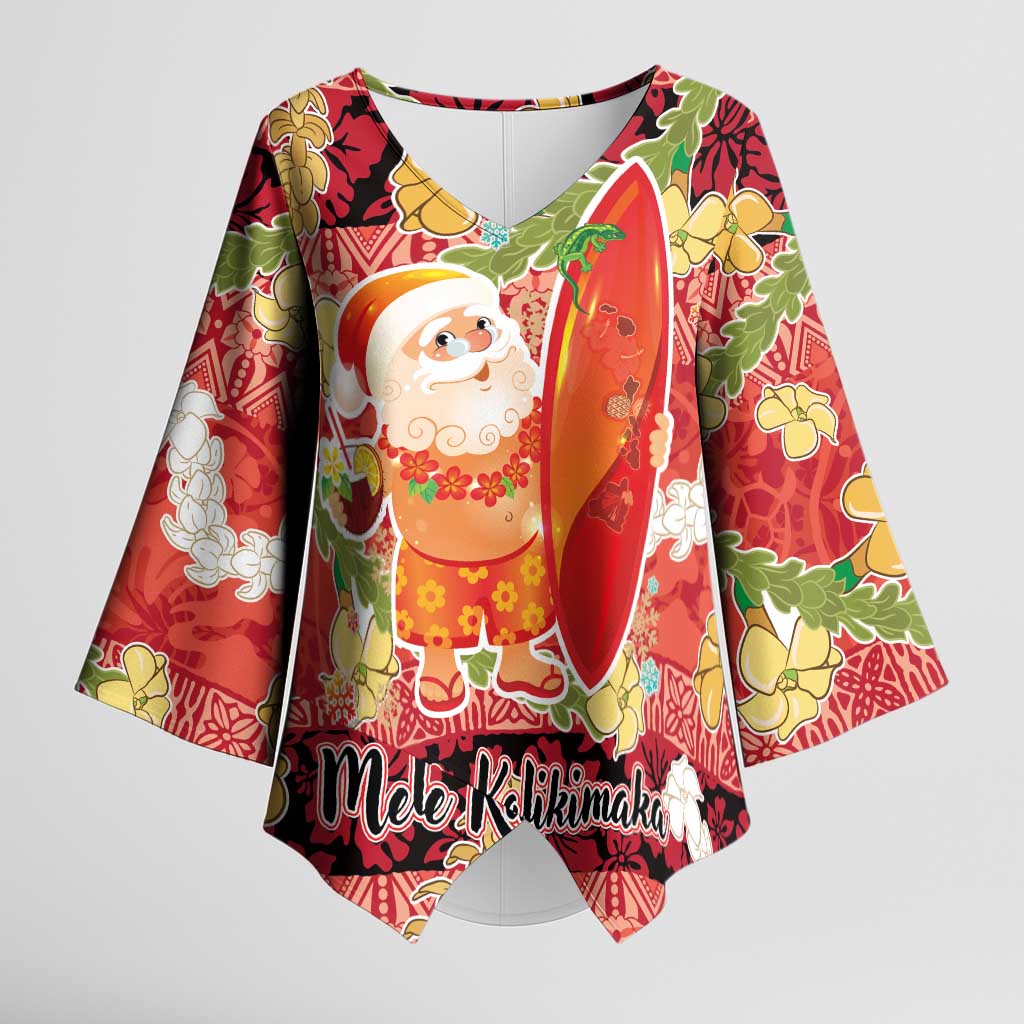 Hawaii Santa Mele Kalikimaka Kimono Sleeve Blouse Tropical Puakenikeni Lei with Polynesian Tribal Pattern - Polynesian Pride