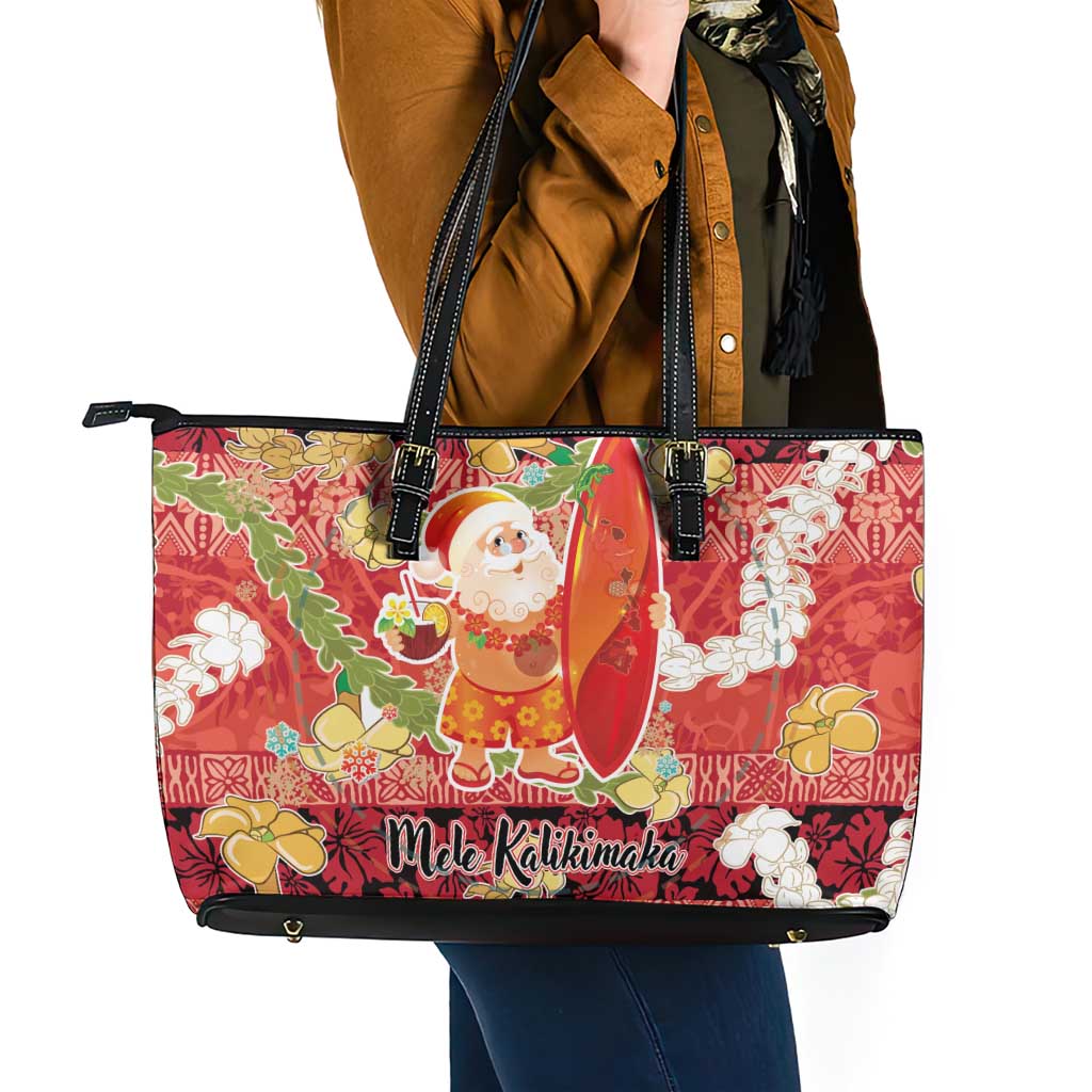 Hawaii Santa Mele Kalikimaka Leather Tote Bag Tropical Puakenikeni Lei with Polynesian Tribal Pattern - Polynesian Pride