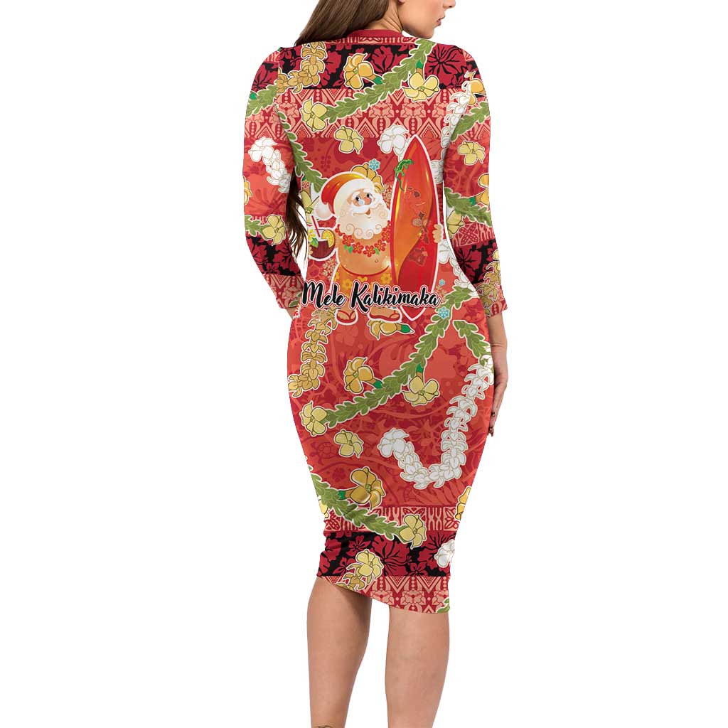 Hawaii Santa Mele Kalikimaka Long Sleeve Bodycon Dress Tropical Puakenikeni Lei with Polynesian Tribal Pattern - Polynesian Pride