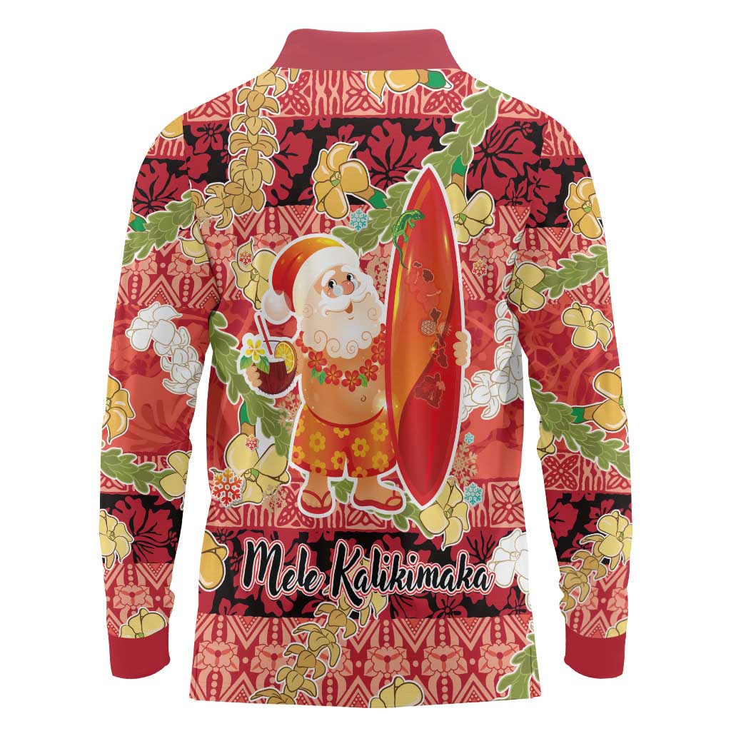 Hawaii Santa Mele Kalikimaka Long Sleeve Polo Shirt Tropical Puakenikeni Lei with Polynesian Tribal Pattern - Polynesian Pride