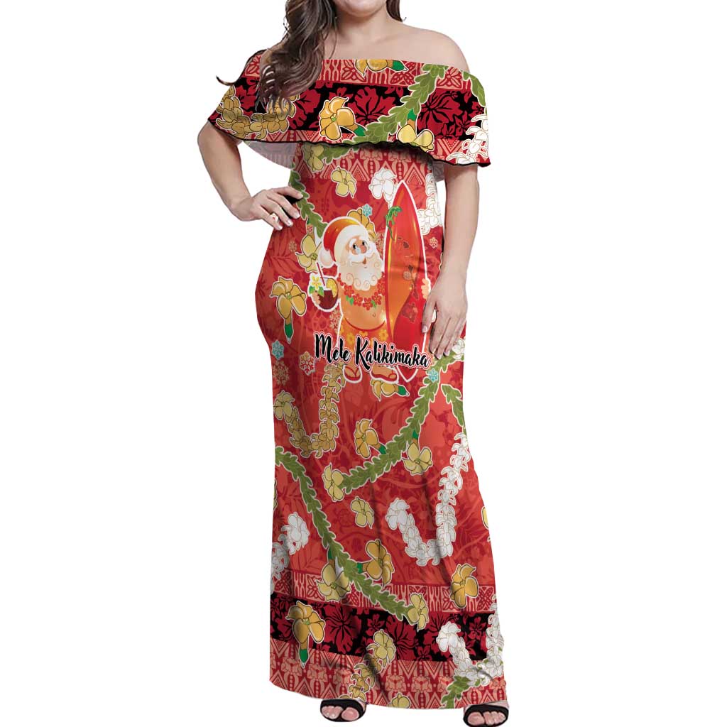 Hawaii Santa Mele Kalikimaka Off Shoulder Maxi Dress Tropical Puakenikeni Lei with Polynesian Tribal Pattern - Polynesian Pride