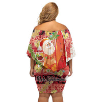 Hawaii Santa Mele Kalikimaka Off Shoulder Short Dress Tropical Puakenikeni Lei with Polynesian Tribal Pattern - Polynesian Pride
