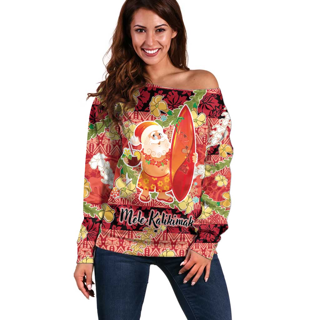 Hawaii Santa Mele Kalikimaka Off Shoulder Sweater Tropical Puakenikeni Lei with Polynesian Tribal Pattern - Polynesian Pride
