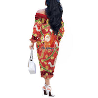 Hawaii Santa Mele Kalikimaka Off The Shoulder Long Sleeve Dress Tropical Puakenikeni Lei with Polynesian Tribal Pattern - Polynesian Pride