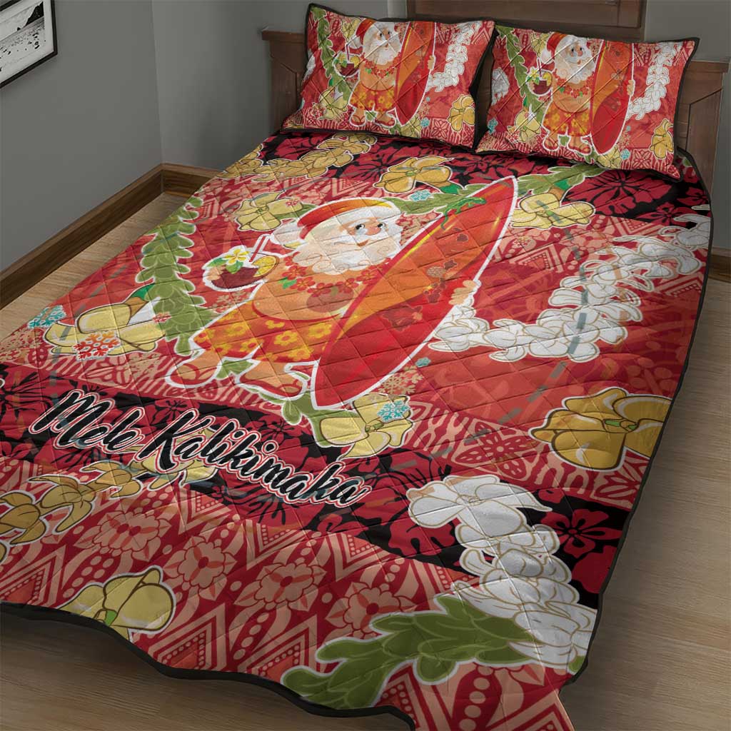 Hawaii Santa Mele Kalikimaka Quilt Bed Set Tropical Puakenikeni Lei with Polynesian Tribal Pattern - Polynesian Pride