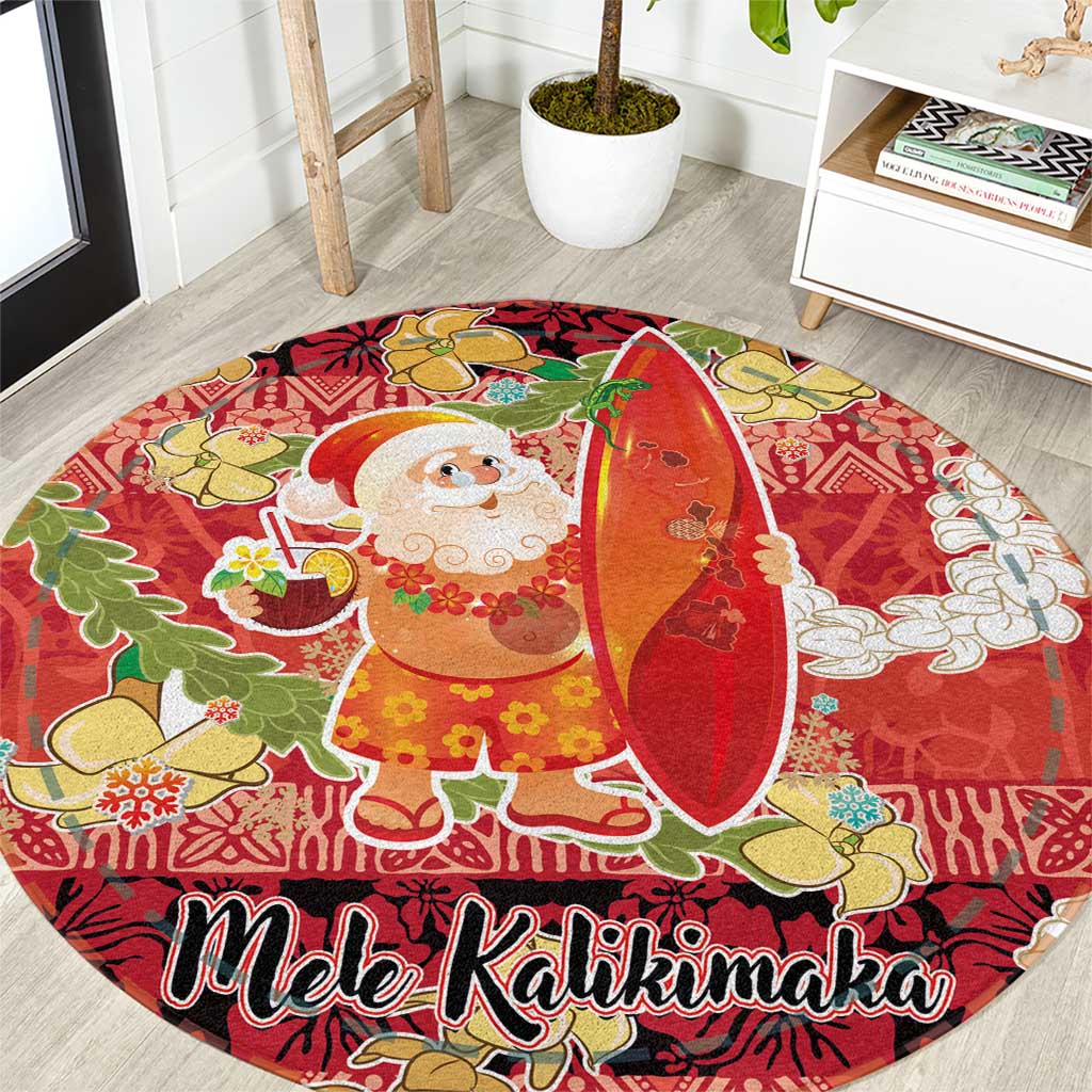 Hawaii Santa Mele Kalikimaka Round Carpet Tropical Puakenikeni Lei with Polynesian Tribal Pattern - Polynesian Pride