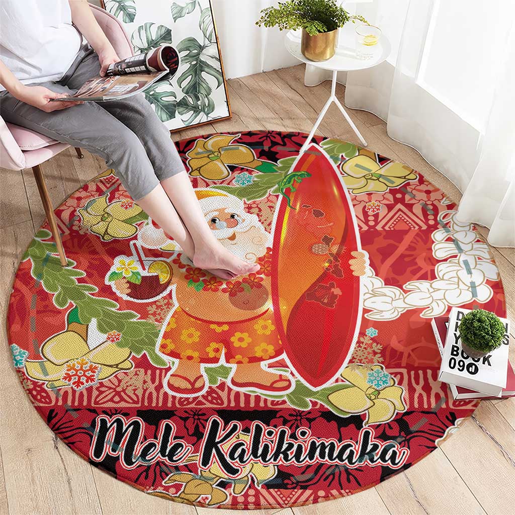 Hawaii Santa Mele Kalikimaka Round Carpet Tropical Puakenikeni Lei with Polynesian Tribal Pattern - Polynesian Pride
