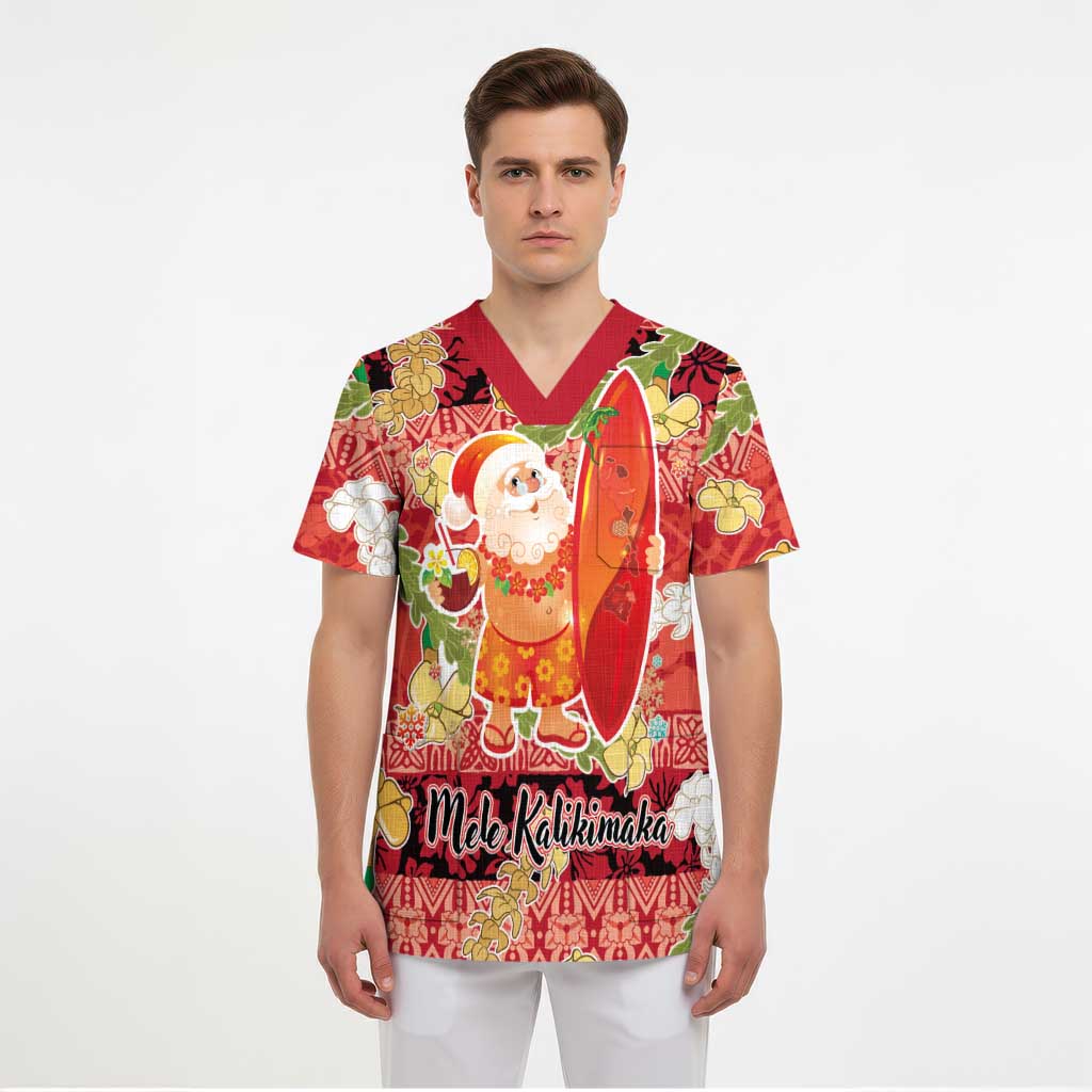 Hawaii Santa Mele Kalikimaka Scrub Top Tropical Puakenikeni Lei with Polynesian Tribal Pattern - Polynesian Pride