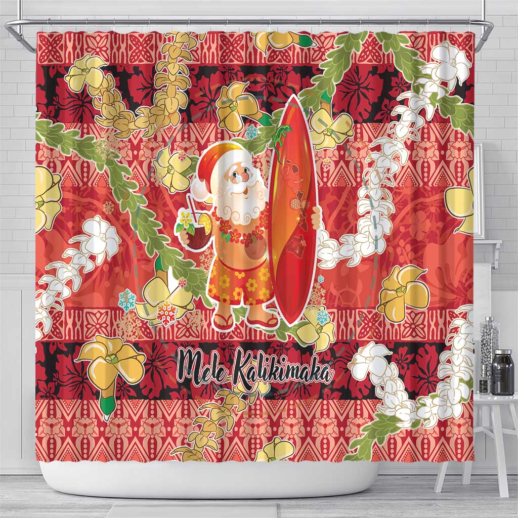 Hawaii Santa Mele Kalikimaka Shower Curtain Tropical Puakenikeni Lei with Polynesian Tribal Pattern - Polynesian Pride