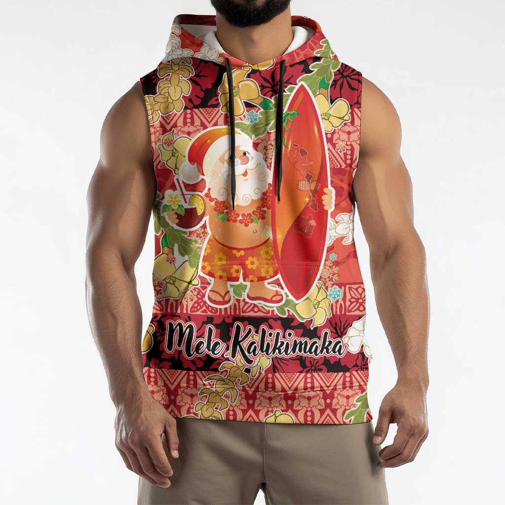 Hawaii Santa Mele Kalikimaka Sleeveless Hoodie Tropical Puakenikeni Lei with Polynesian Tribal Pattern - Polynesian Pride