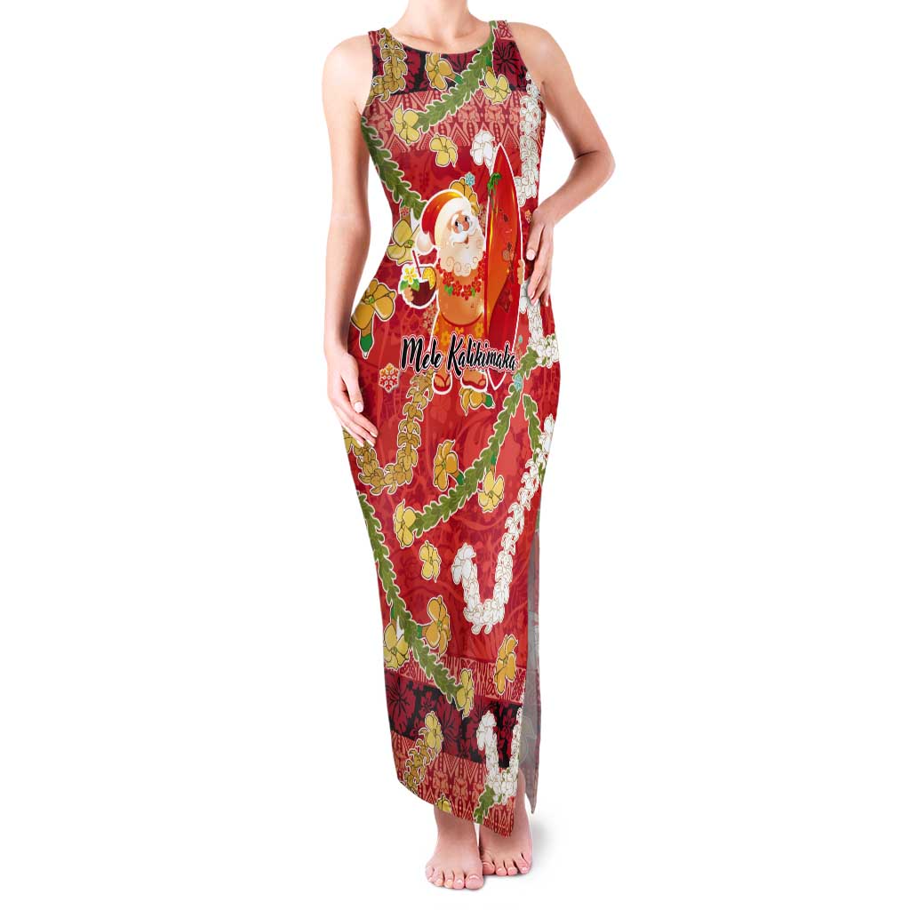 Hawaii Santa Mele Kalikimaka Tank Maxi Dress Tropical Puakenikeni Lei with Polynesian Tribal Pattern - Polynesian Pride