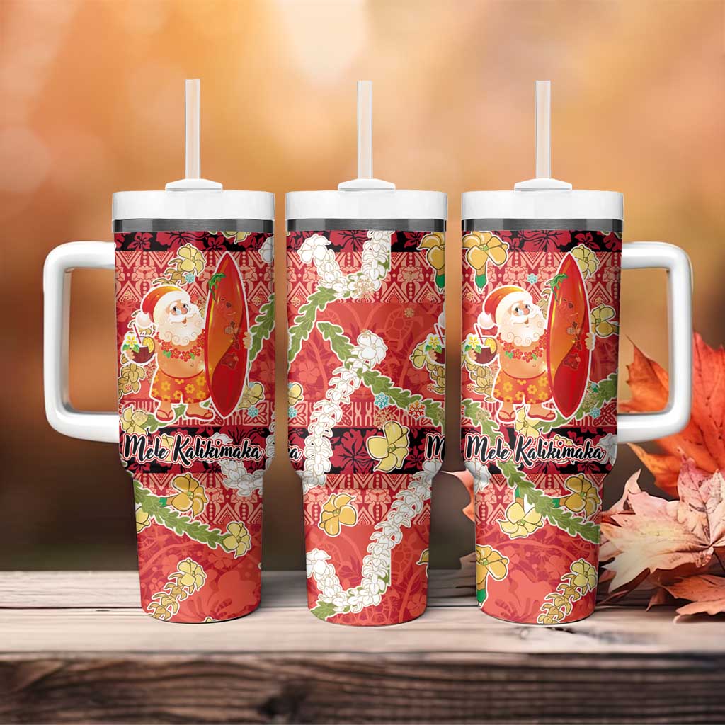 Hawaii Santa Mele Kalikimaka Tumbler With Handle Tropical Puakenikeni Lei with Polynesian Tribal Pattern - Polynesian Pride