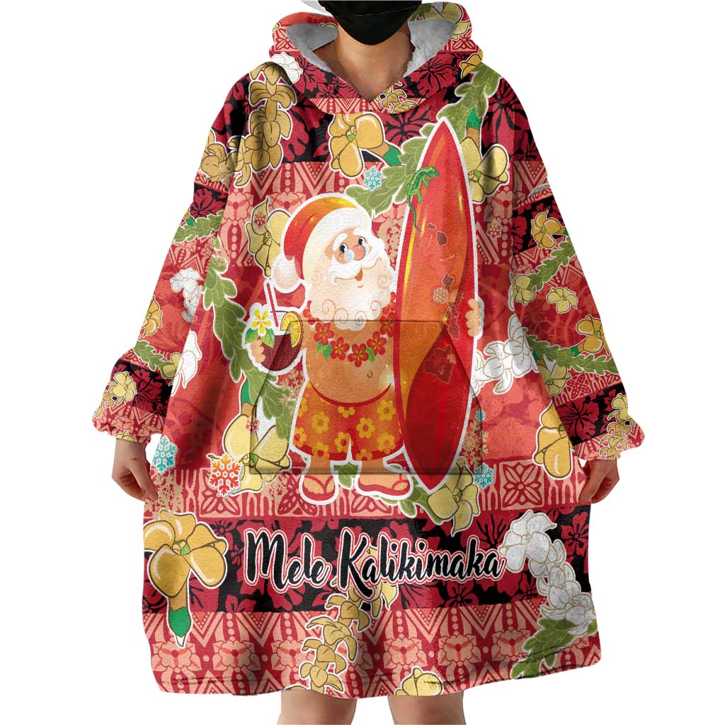 Hawaii Santa Mele Kalikimaka Wearable Blanket Hoodie Tropical Puakenikeni Lei with Polynesian Tribal Pattern - Polynesian Pride