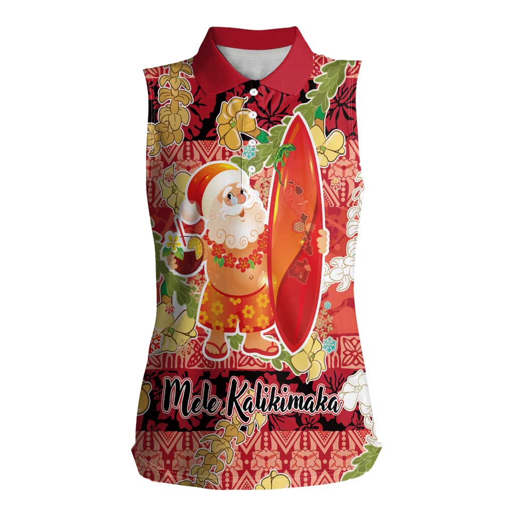 Hawaii Santa Mele Kalikimaka Women Sleeveless Polo Shirt Tropical Puakenikeni Lei with Polynesian Tribal Pattern - Polynesian Pride
