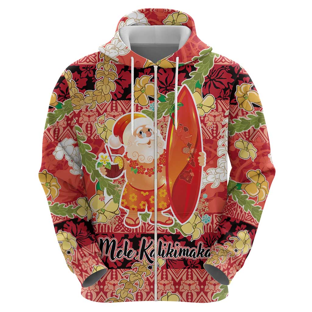Hawaii Santa Mele Kalikimaka Zip Hoodie Tropical Puakenikeni Lei with Polynesian Tribal Pattern - Polynesian Pride