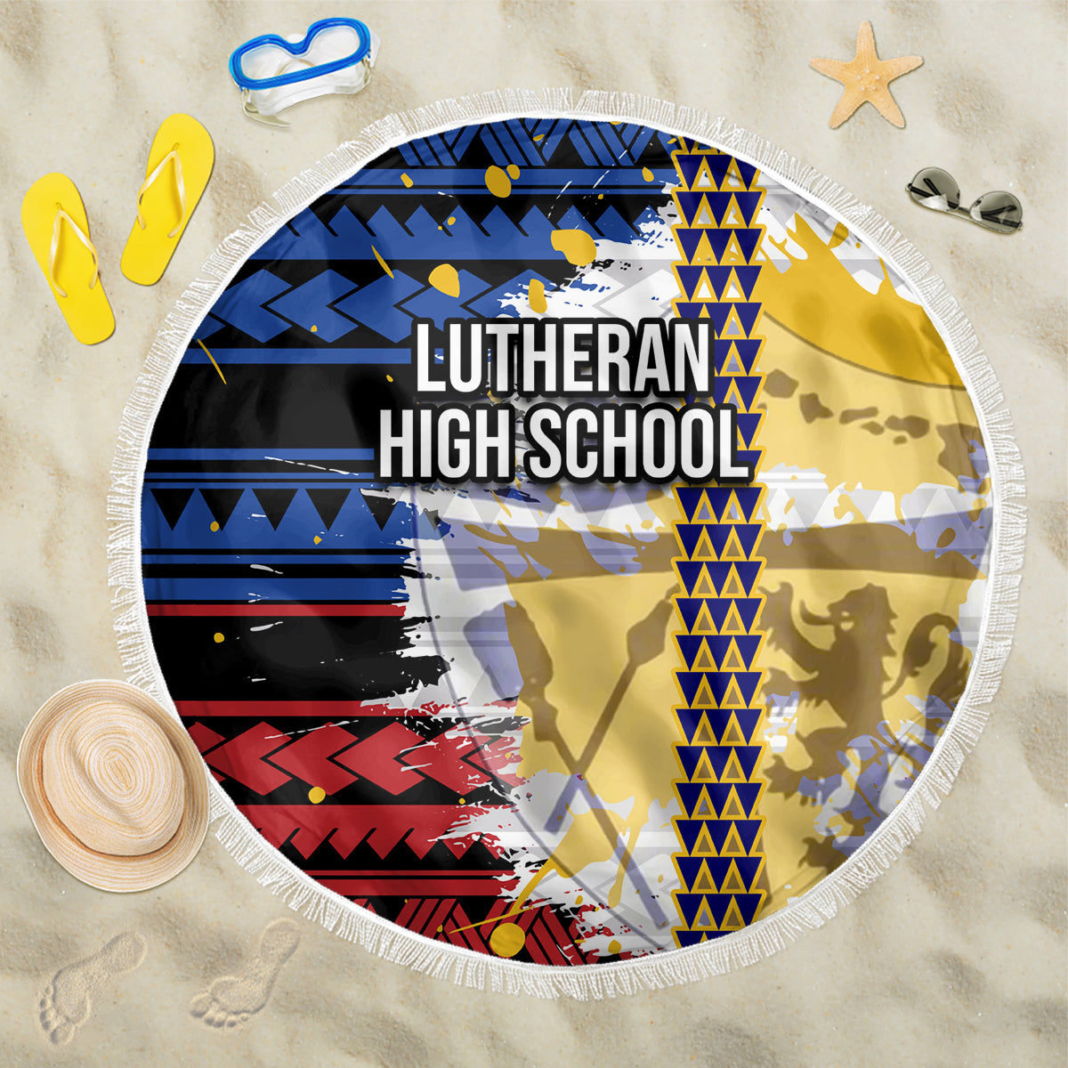 Hawaii Lutheran High School Beach Blanket Kakau Pattern Splash Style LT03 One Size 150cm Red - Polynesian Pride