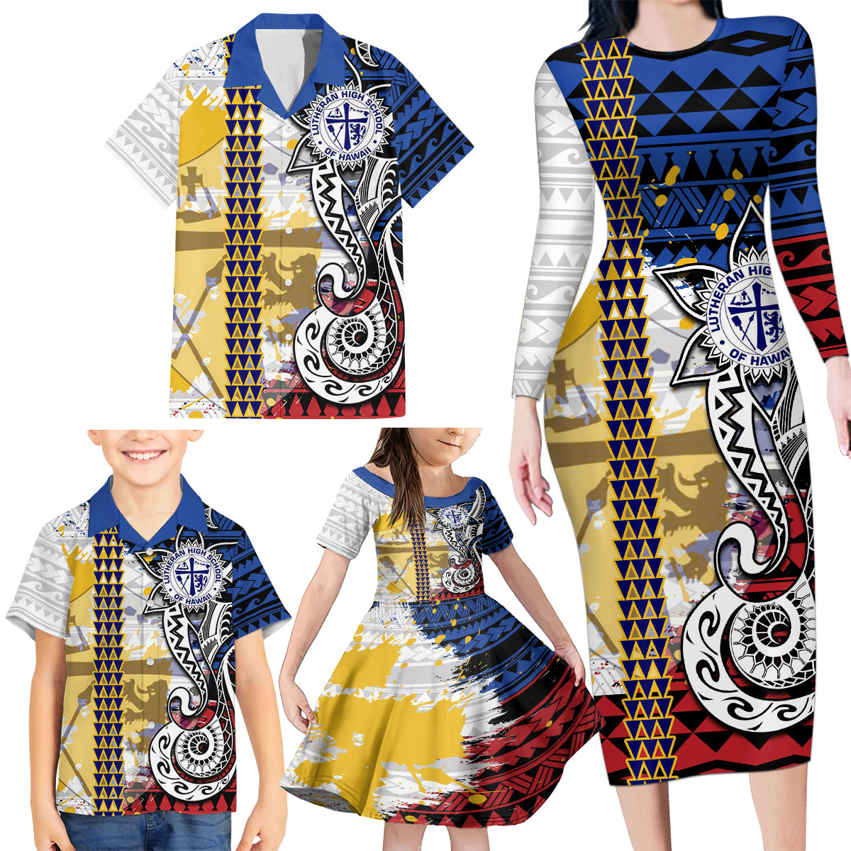 Hawaii Lutheran High School Family Matching Long Sleeve Bodycon Dress and Hawaiian Shirt Kakau Pattern Splash Style LT03 - Polynesian Pride