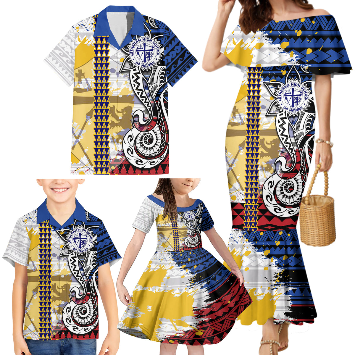 Hawaii Lutheran High School Family Matching Mermaid Dress and Hawaiian Shirt Kakau Pattern Splash Style LT03 - Polynesian Pride